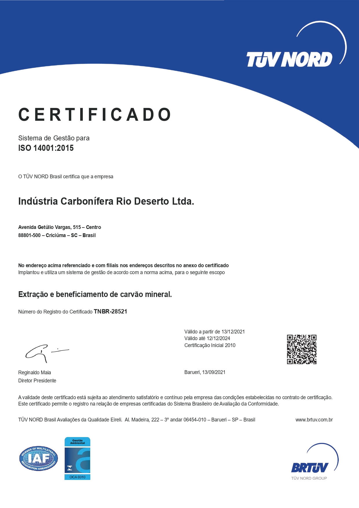 Sistema de gestão certificado na NBR ISO 14001:2015