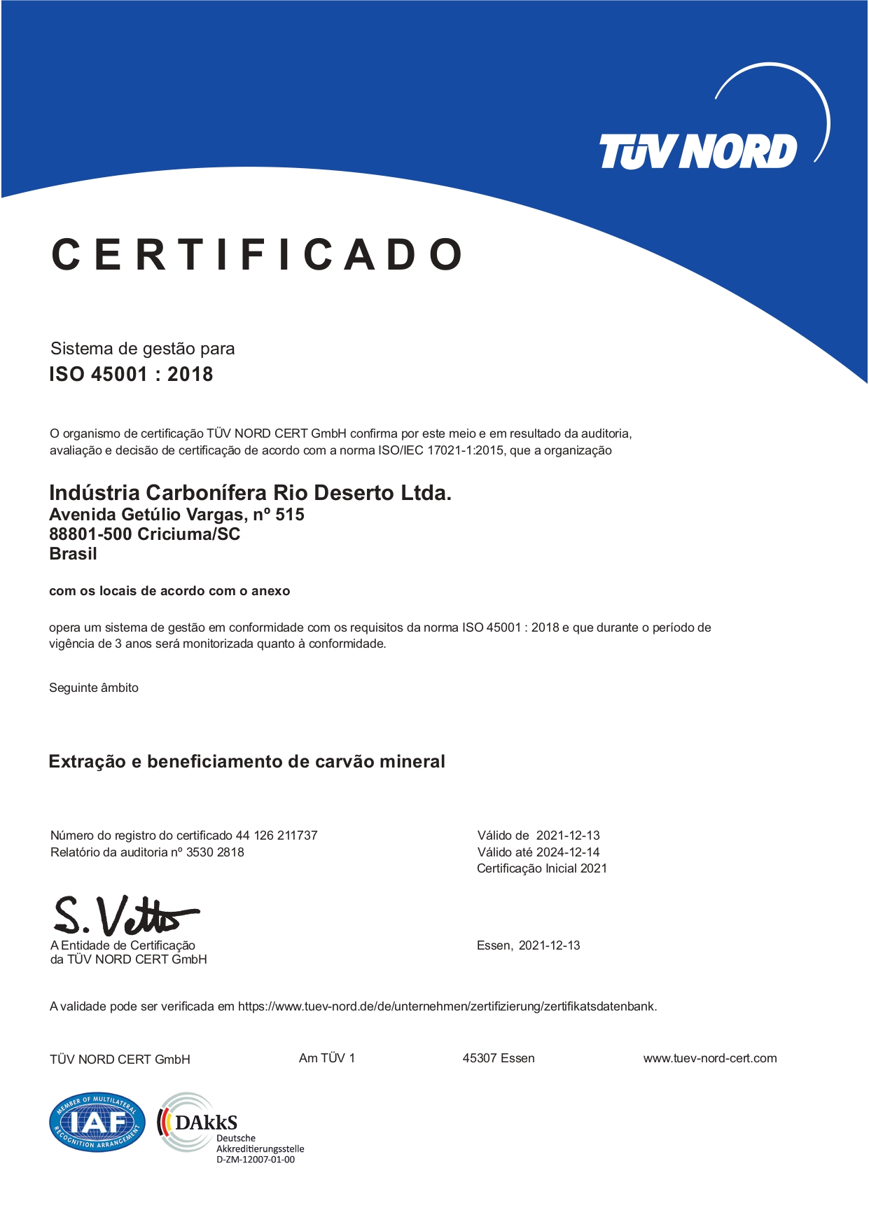 Sistema de gestão certificado na NBR ISO 45001:2018
