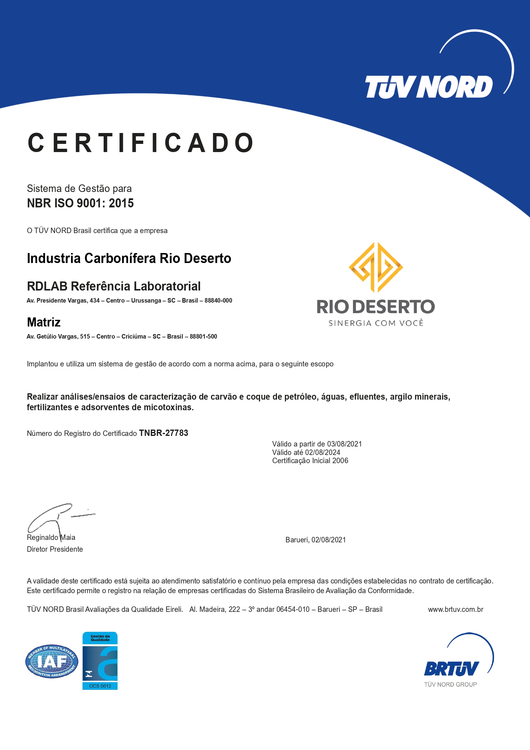 Sistema de gestão certificado na NBR ISO 9001:2015
