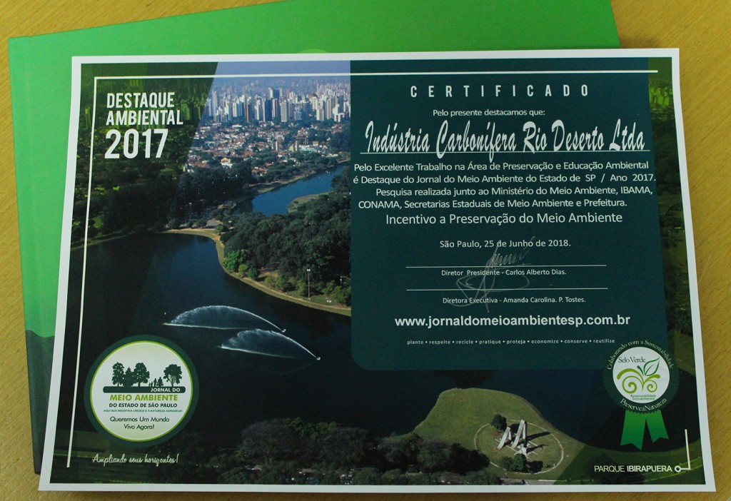 Certificado Destaque Ambiental (Selo Verde) é entregue às Empresas Rio Deserto
